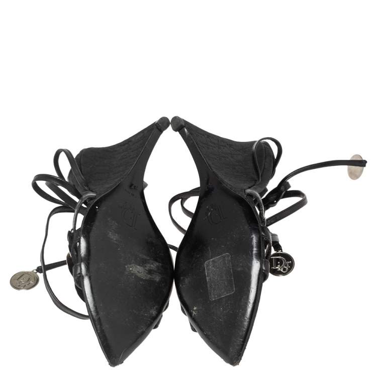 Pre Owned Dior Black Leather Coins Embellished Wedge Ankle-Tie Sandals Size 37