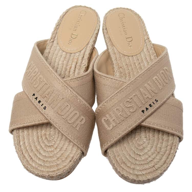 Pre Owned Dior Beige Canvas Crisscross Strap Espadrille Flat Sandals Size 37.5