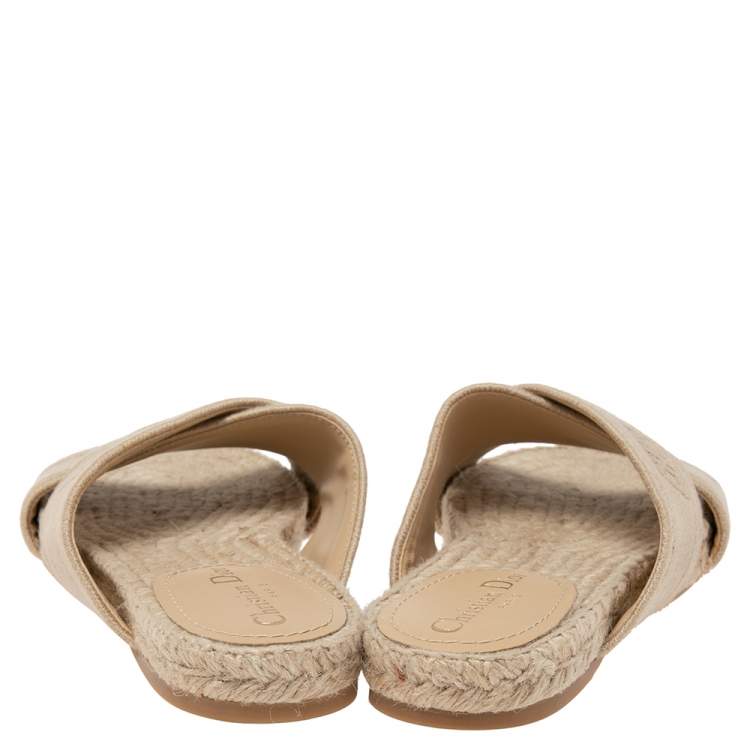 Pre Owned Dior Beige Canvas Crisscross Strap Espadrille Flat Sandals Size 37.5