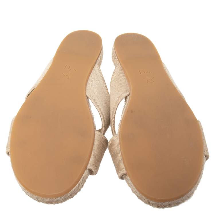 Pre Owned Dior Beige Canvas Crisscross Strap Espadrille Flat Sandals Size 37.5