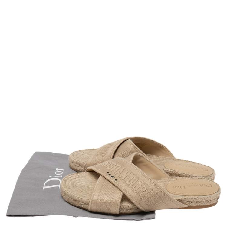 Pre Owned Dior Beige Canvas Crisscross Strap Espadrille Flat Sandals Size 37.5