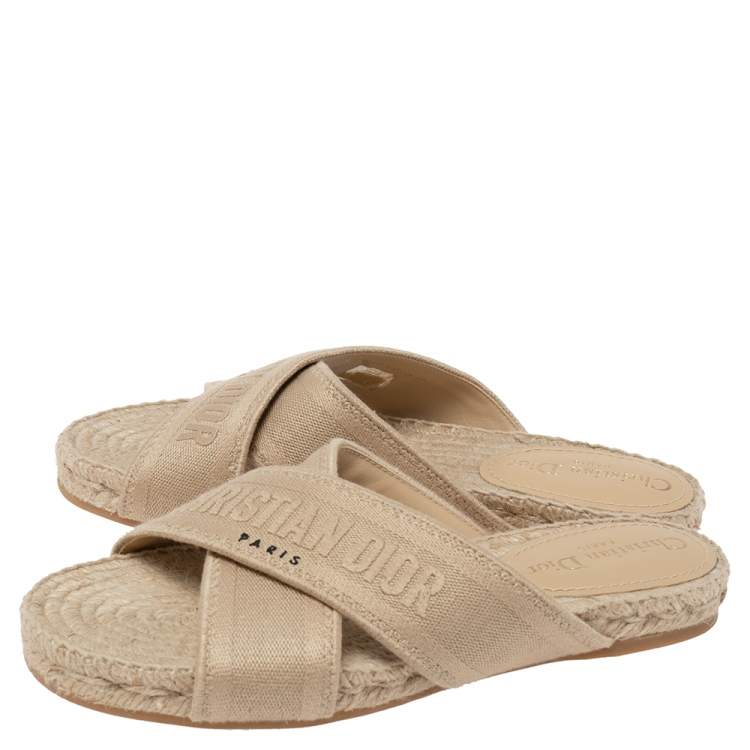 Pre Owned Dior Beige Canvas Crisscross Strap Espadrille Flat Sandals Size 37.5