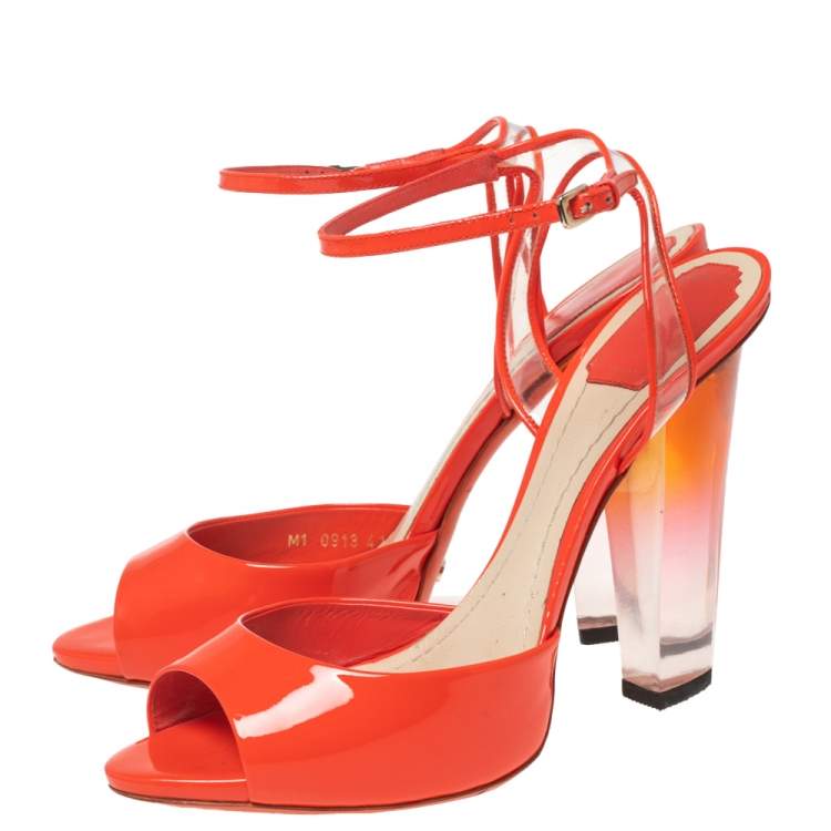 Pre Owned Dior Orange Patent Leather and PVC Clear Block Heels Ankle-Strap Sandals Size 41