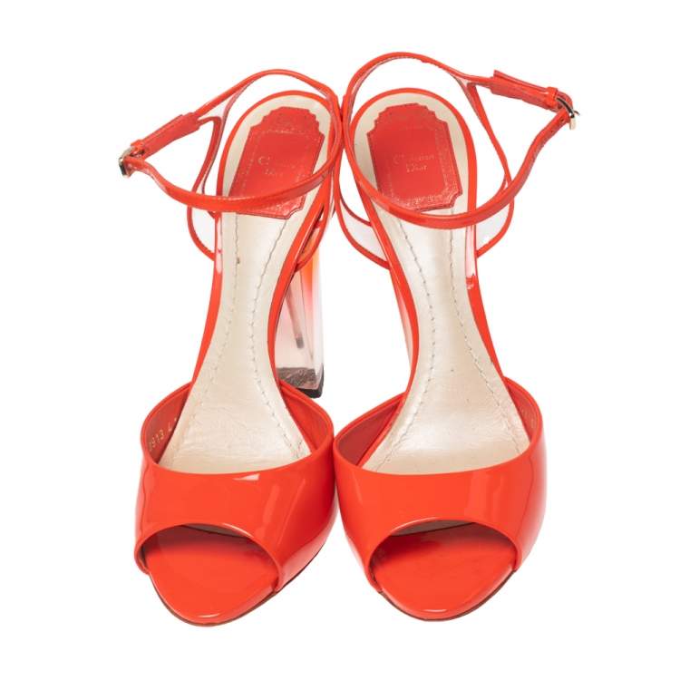 Pre Owned Dior Orange Patent Leather and PVC Clear Block Heels Ankle-Strap Sandals Size 41