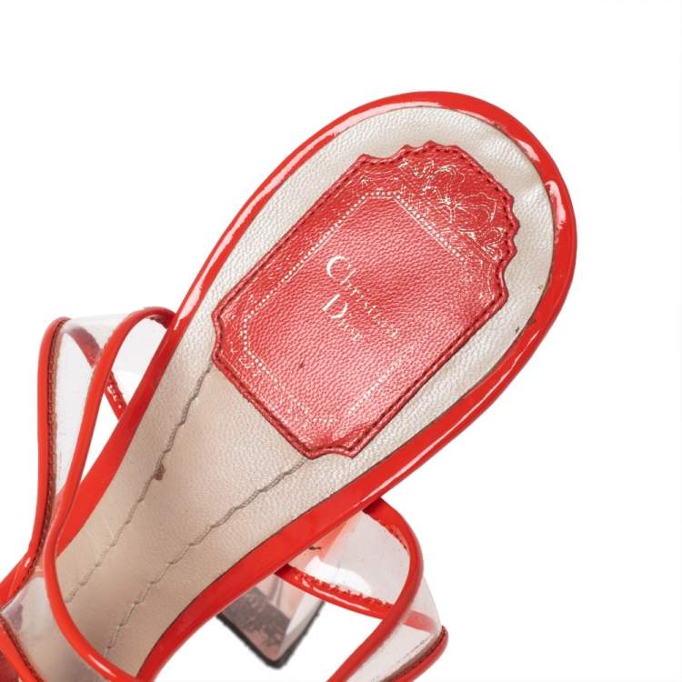 Pre Owned Dior Orange Patent Leather and PVC Clear Block Heels Ankle-Strap Sandals Size 41