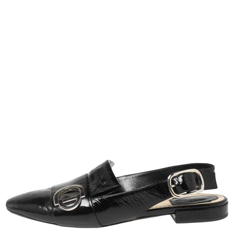 Pre Owned Dior Black Crinkled Patent Leather CD Buckle Slingback Flat Sandals Size 38.5