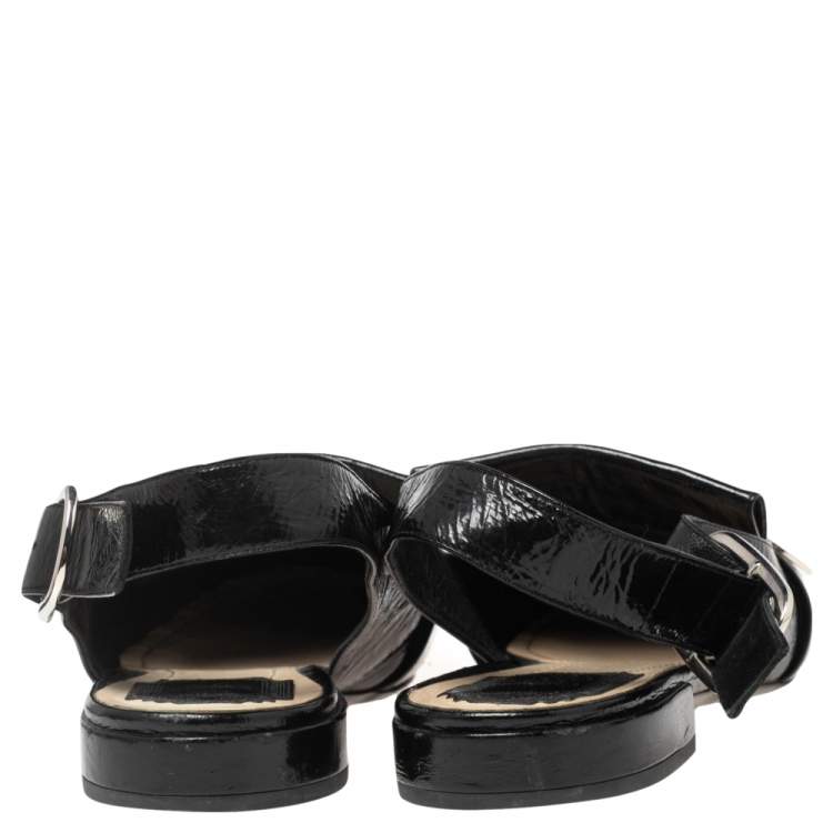 Pre Owned Dior Black Crinkled Patent Leather CD Buckle Slingback Flat Sandals Size 38.5