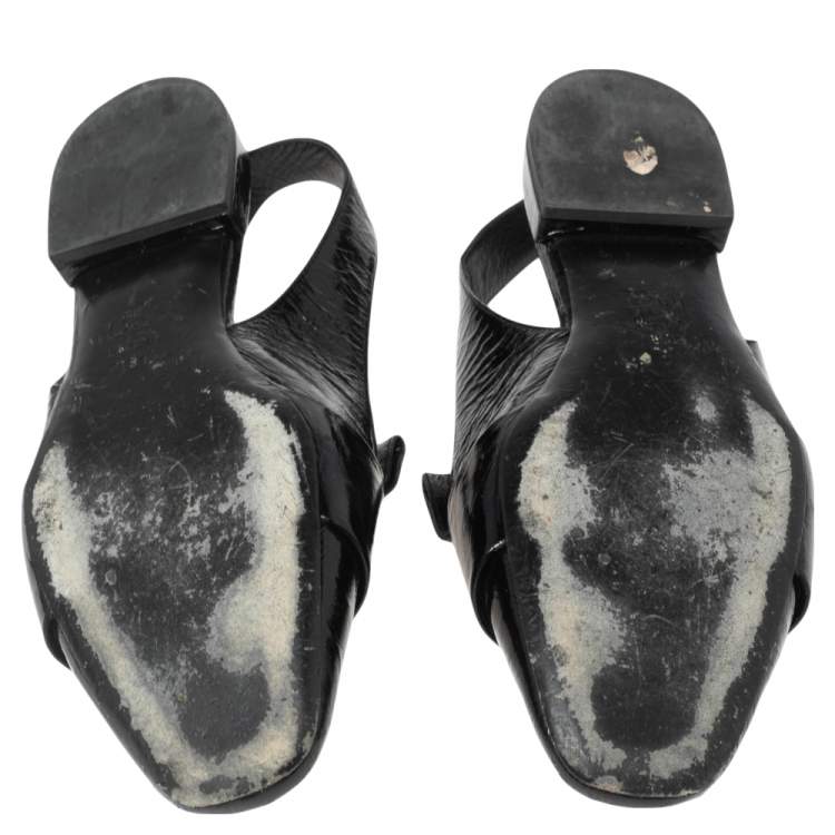 Pre Owned Dior Black Crinkled Patent Leather CD Buckle Slingback Flat Sandals Size 38.5