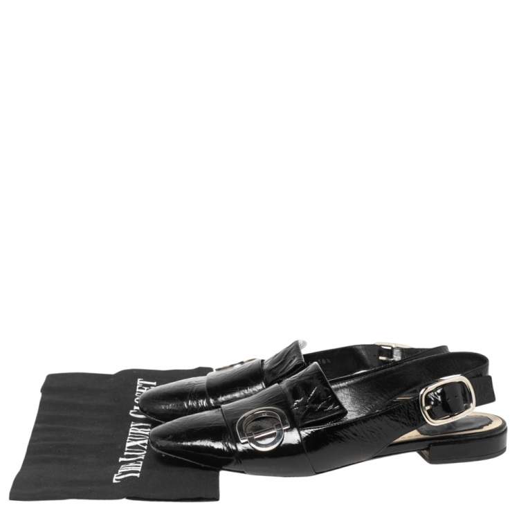 Pre Owned Dior Black Crinkled Patent Leather CD Buckle Slingback Flat Sandals Size 38.5
