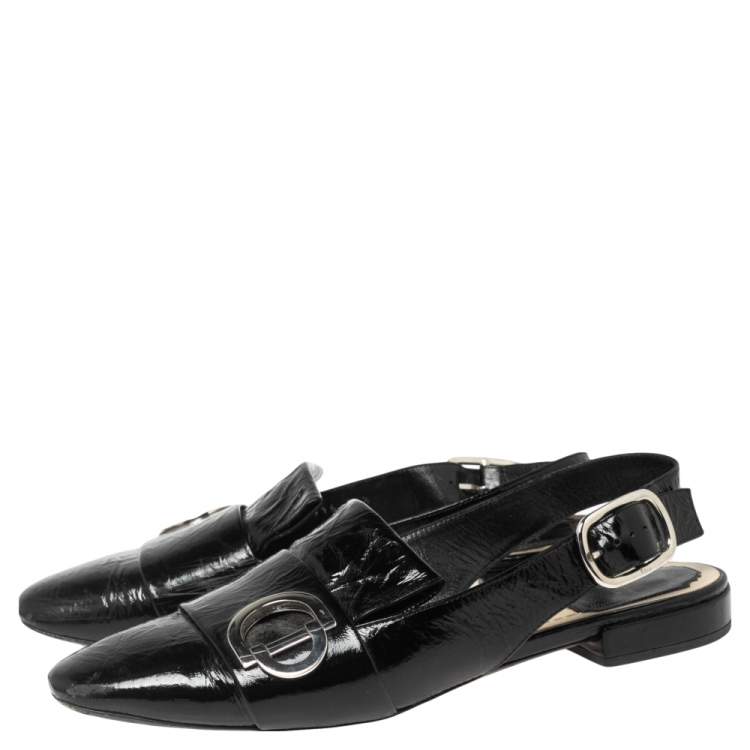 Pre Owned Dior Black Crinkled Patent Leather CD Buckle Slingback Flat Sandals Size 38.5