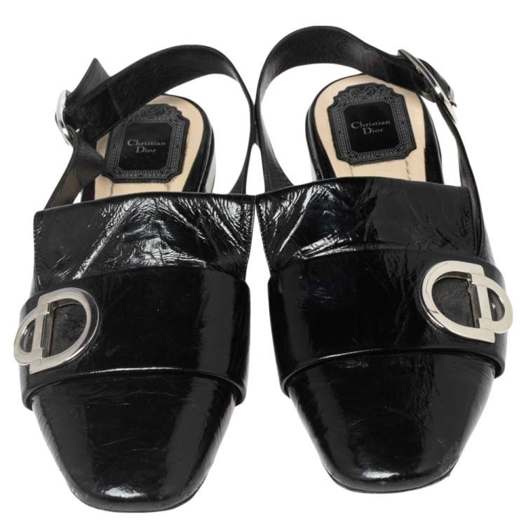 Pre Owned Dior Black Crinkled Patent Leather CD Buckle Slingback Flat Sandals Size 38.5
