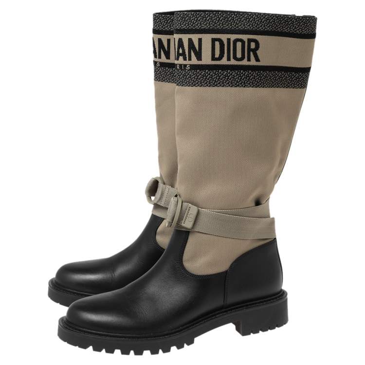 Pre Owned Dior Black/Army Green Leather and Canvas D-Major Mid-Calf Boots Size 38