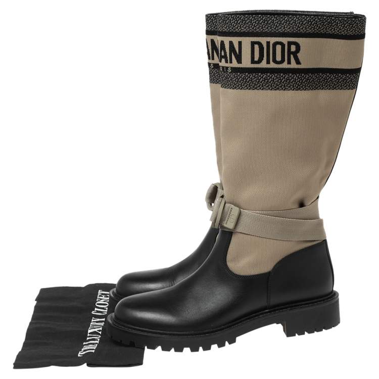 Pre Owned Dior Black/Army Green Leather and Canvas D-Major Mid-Calf Boots Size 38