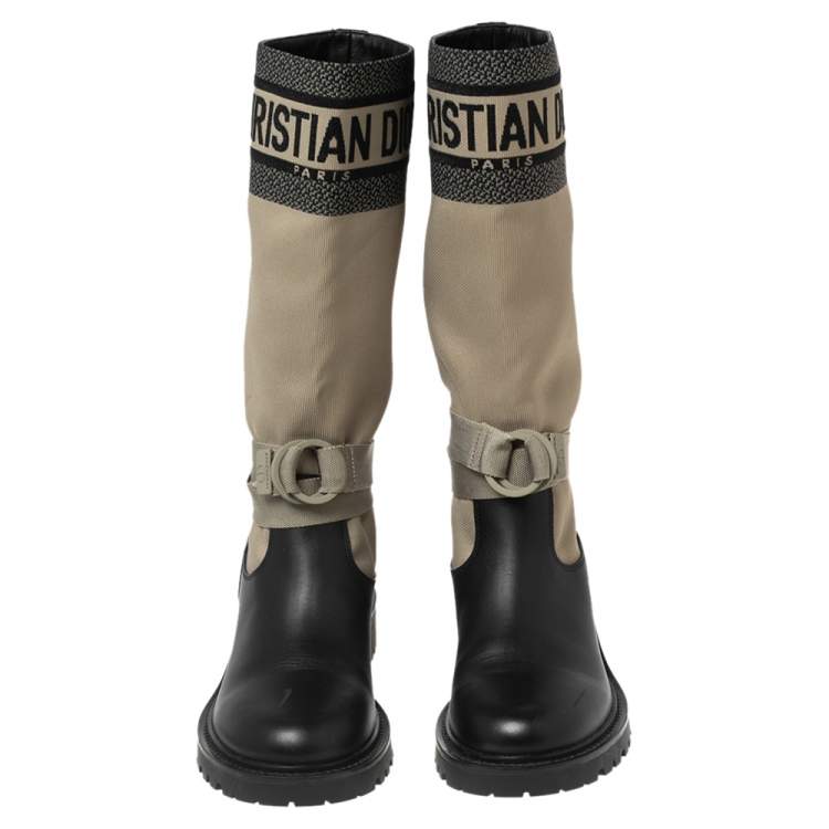 Pre Owned Dior Black/Army Green Leather and Canvas D-Major Mid-Calf Boots Size 38