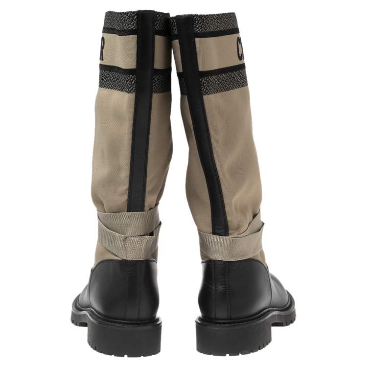 Pre Owned Dior Black/Army Green Leather and Canvas D-Major Mid-Calf Boots Size 38