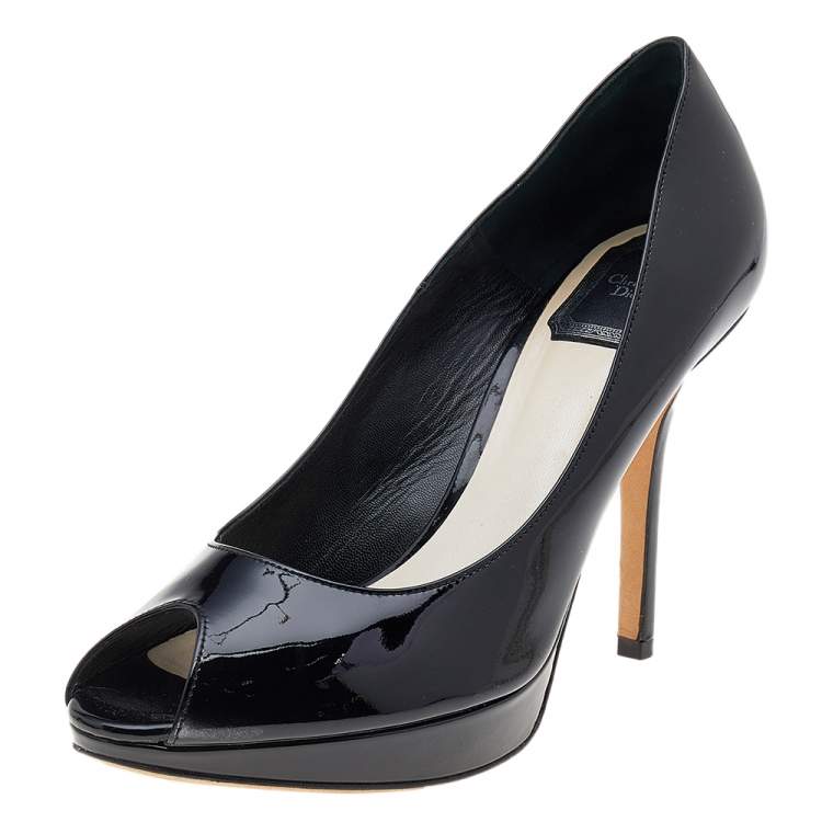 Pre Owned Dior Black Patent Leather Miss Dior Peep Toe Platform Pumps Size 39