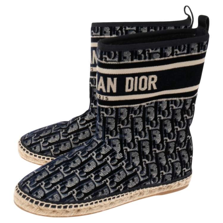 مملوكة مسبقًا DIOR Navy Blue/Beige Oblique Velvet Granville Espadrille Ankle Boots Size 38
