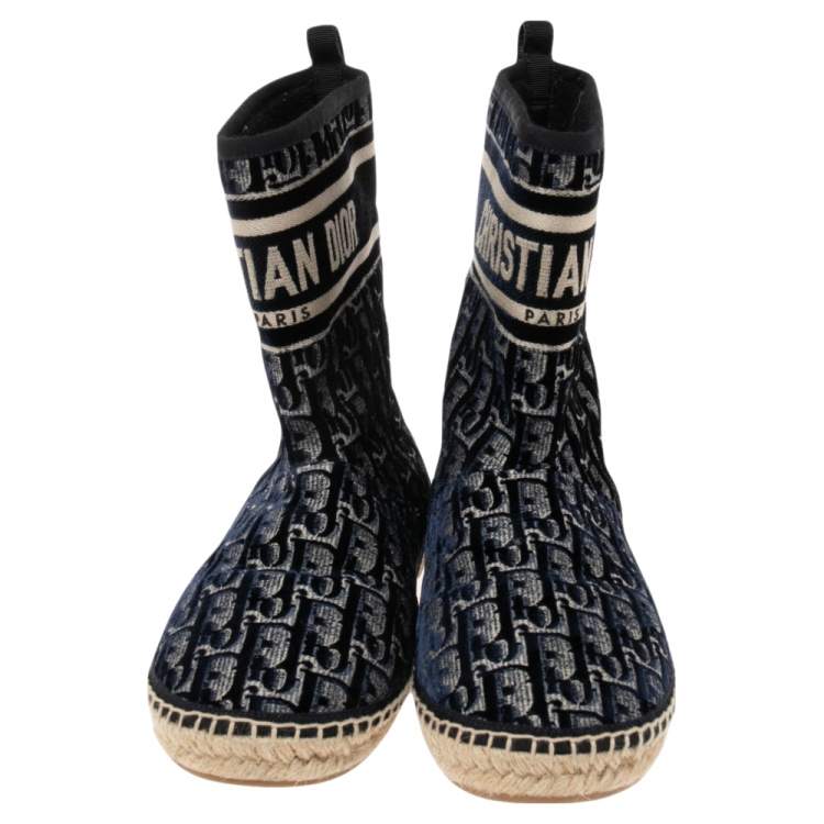 مملوكة مسبقًا DIOR Navy Blue/Beige Oblique Velvet Granville Espadrille Ankle Boots Size 38