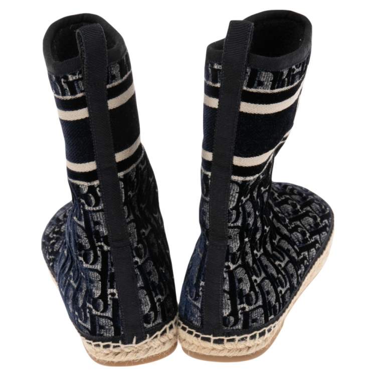 مملوكة مسبقًا DIOR Navy Blue/Beige Oblique Velvet Granville Espadrille Ankle Boots Size 38
