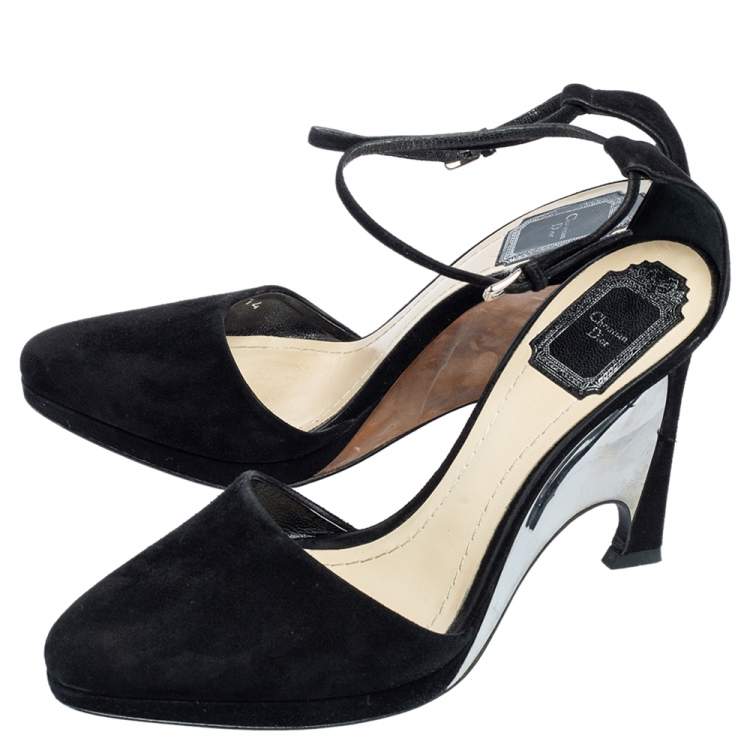 Pre Owned Dior Black Suede Optique Wedge Ankle Strap Sandals Size 39.5