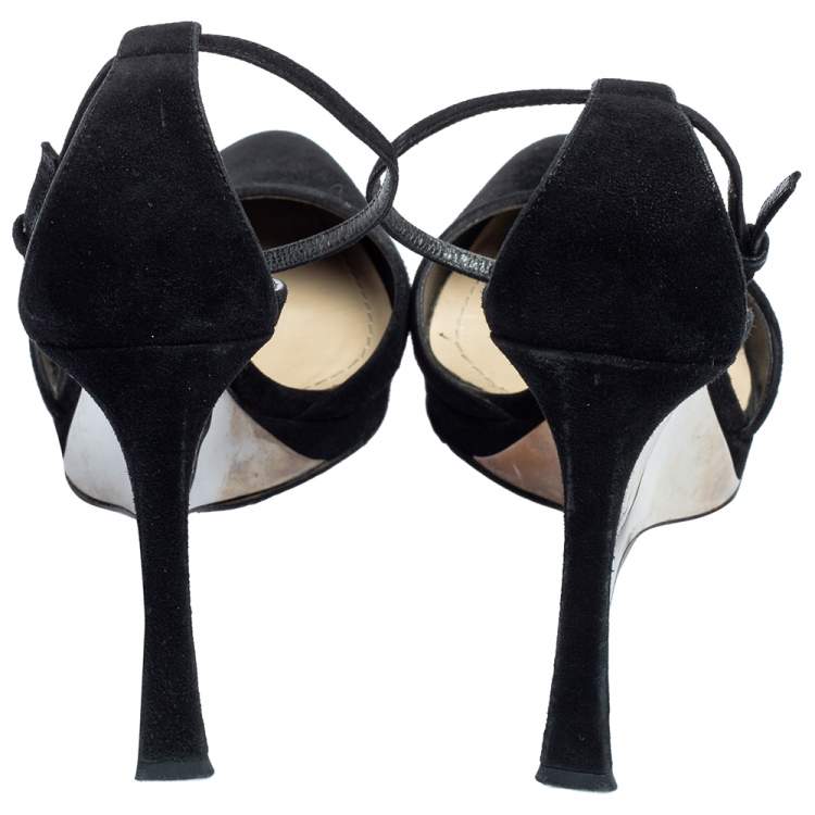 Pre Owned Dior Black Suede Optique Wedge Ankle Strap Sandals Size 39.5