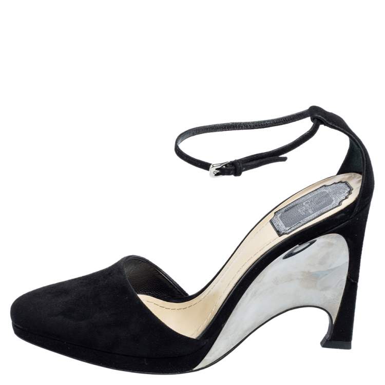 Pre Owned Dior Black Suede Optique Wedge Ankle Strap Sandals Size 39.5