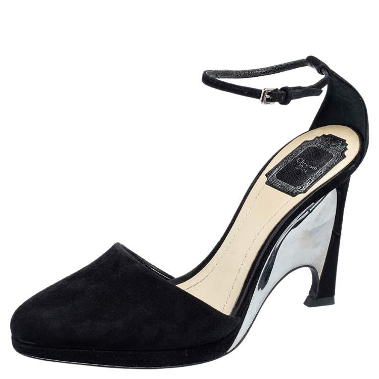 Pre Owned Dior Black Suede Optique Wedge Ankle Strap Sandals Size 39.5