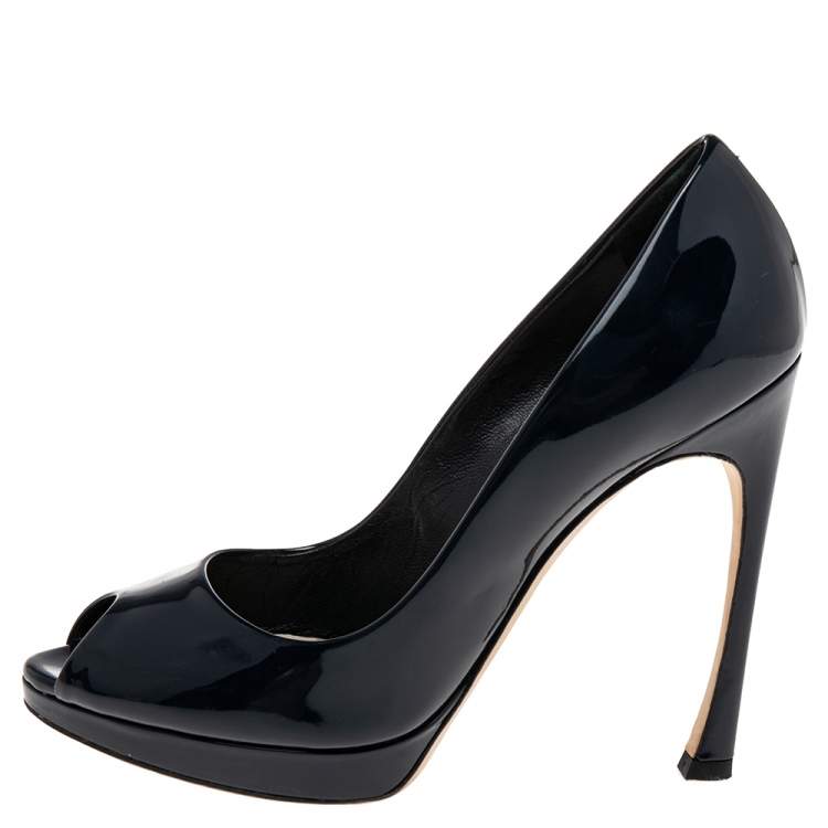 Pre Owned Dior Navy Blue Patent Leather Platform Peep Toe Pumps Size 37.5