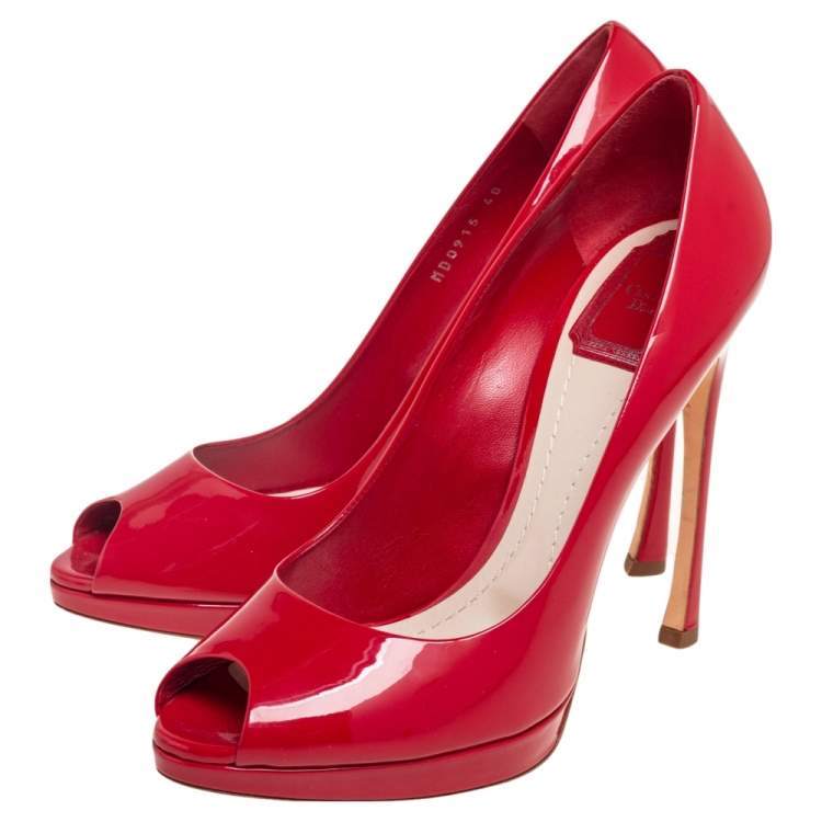 Pre Owned Dior Red Patent Leather Miss Dior Peep Toe Platform Pumps Size 40