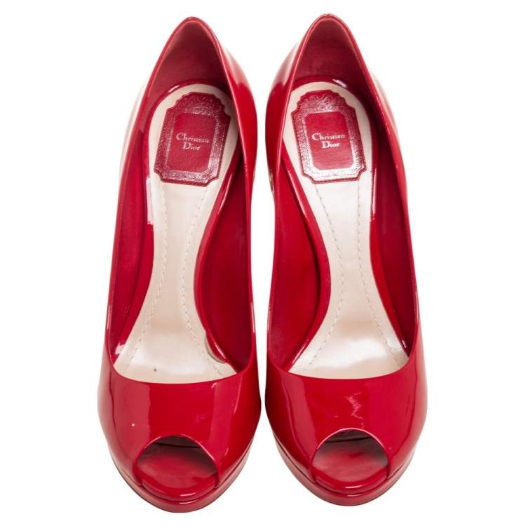 Pre Owned Dior Red Patent Leather Miss Dior Peep Toe Platform Pumps Size 40