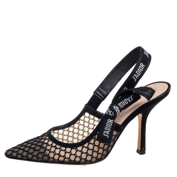 Pre Owned Dior Black Mesh And Suede J'adior Pointed Toe Slingback Sandals Size 39