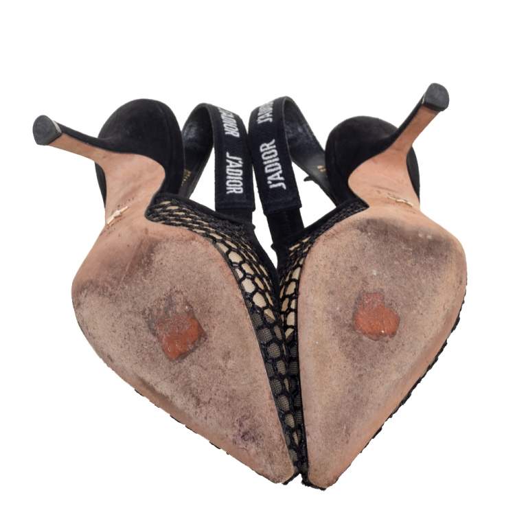 Pre Owned Dior Black Mesh And Suede J'adior Pointed Toe Slingback Sandals Size 39