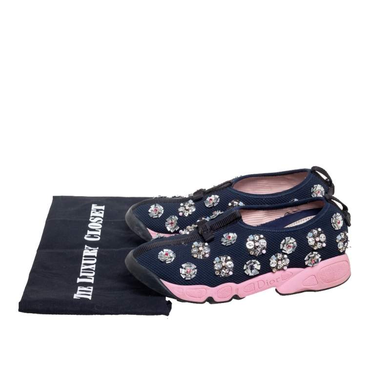 Pre Owned Dior Navy Blue Mesh Fusion Embellished Sneakers Size 36.5