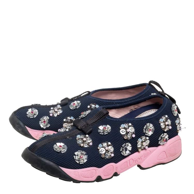 Pre Owned Dior Navy Blue Mesh Fusion Embellished Sneakers Size 36.5