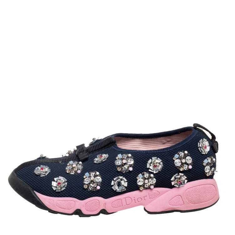 Pre Owned Dior Navy Blue Mesh Fusion Embellished Sneakers Size 36.5