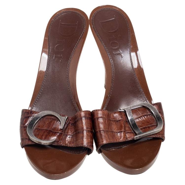 Pre Owned Dior Brown Crocodile Leather Wooden Clog Slide Sandals Size 38