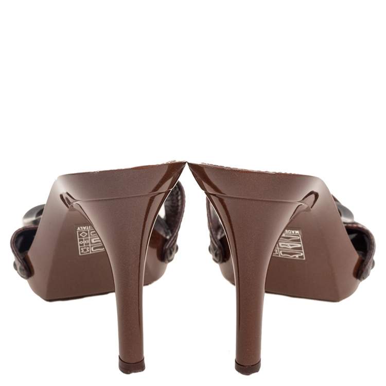 Pre Owned Dior Brown Crocodile Leather Wooden Clog Slide Sandals Size 38