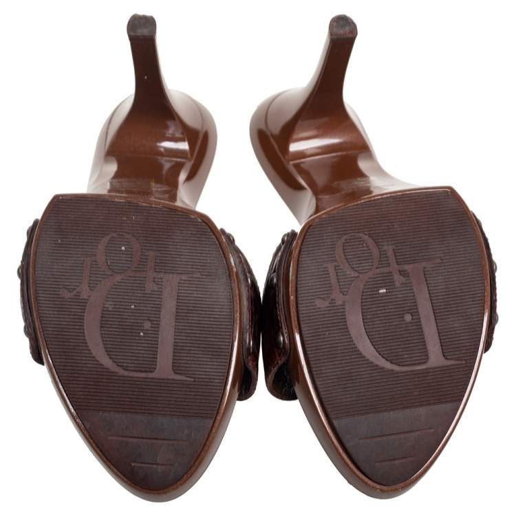 Pre Owned Dior Brown Crocodile Leather Wooden Clog Slide Sandals Size 38