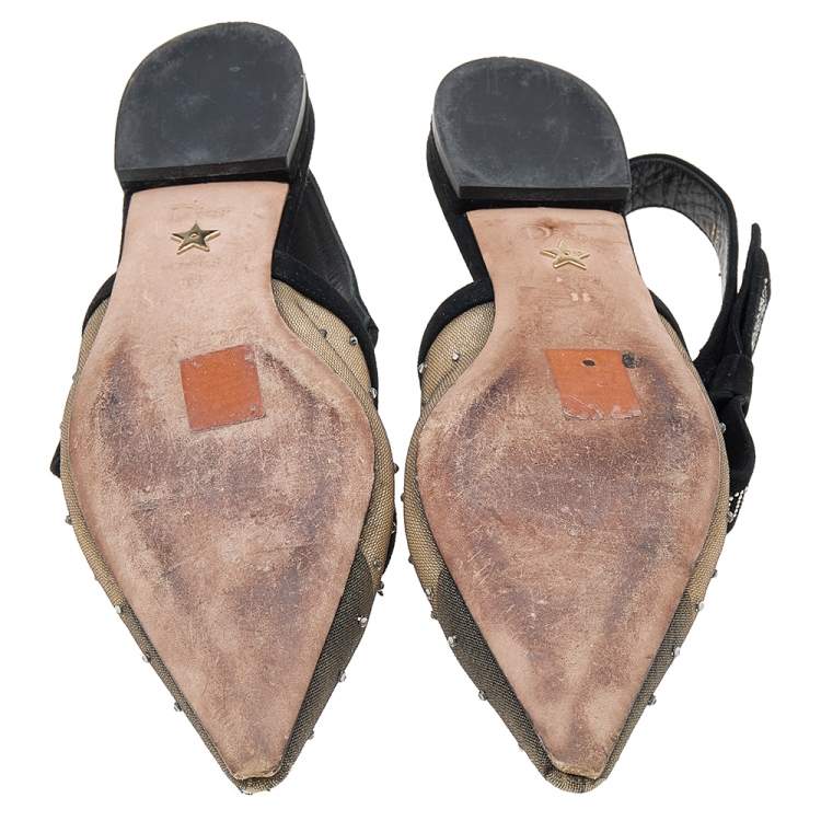 مملوكة مسبقًا Dior Black Mesh And Suede Studded J'adior Slingback Pointed Toe Flat Sandals Size 38