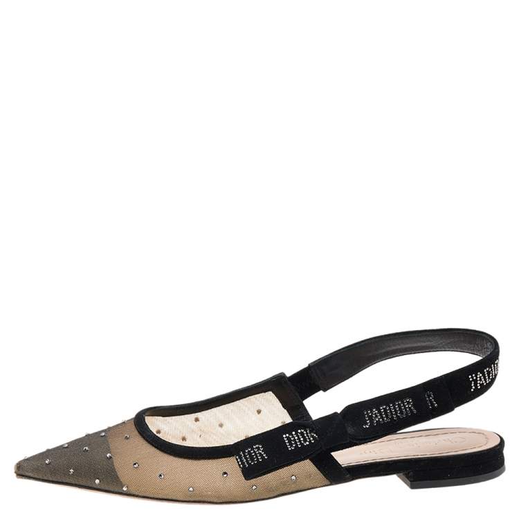 مملوكة مسبقًا Dior Black Mesh And Suede Studded J'adior Slingback Pointed Toe Flat Sandals Size 38