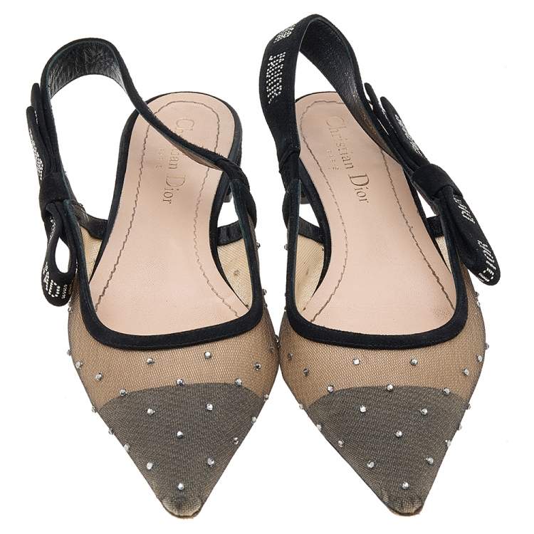 مملوكة مسبقًا Dior Black Mesh And Suede Studded J'adior Slingback Pointed Toe Flat Sandals Size 38