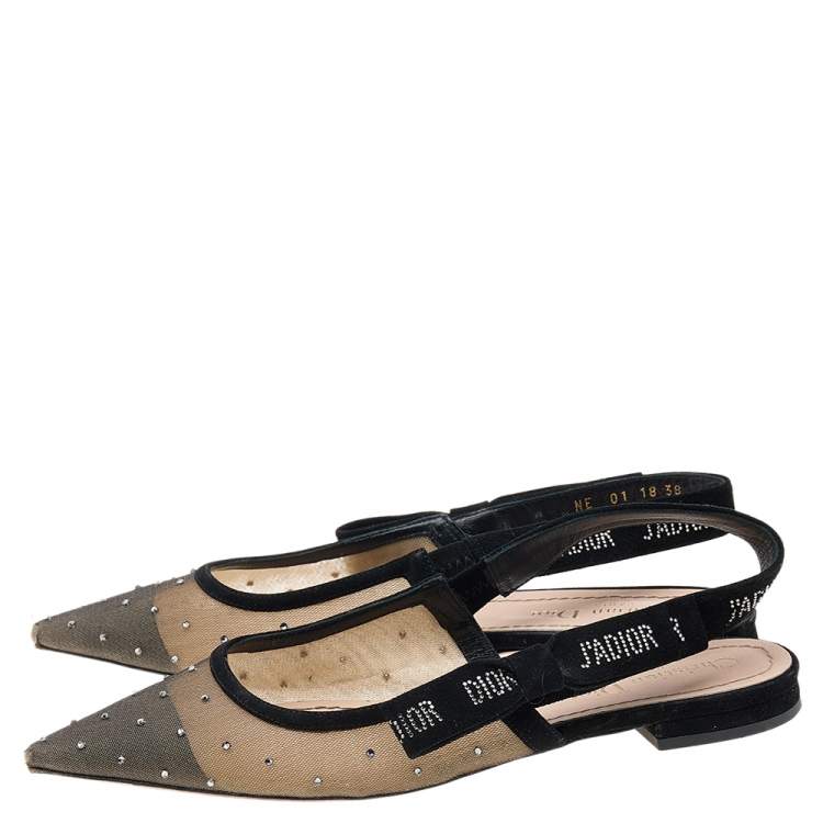 مملوكة مسبقًا Dior Black Mesh And Suede Studded J'adior Slingback Pointed Toe Flat Sandals Size 38