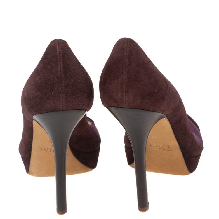 Pre Owned Dior Plum/Purple Suede and Satin Peep-Toe Pumps Size 36