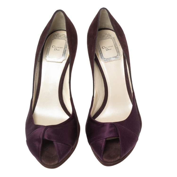 Pre Owned Dior Plum/Purple Suede and Satin Peep-Toe Pumps Size 36