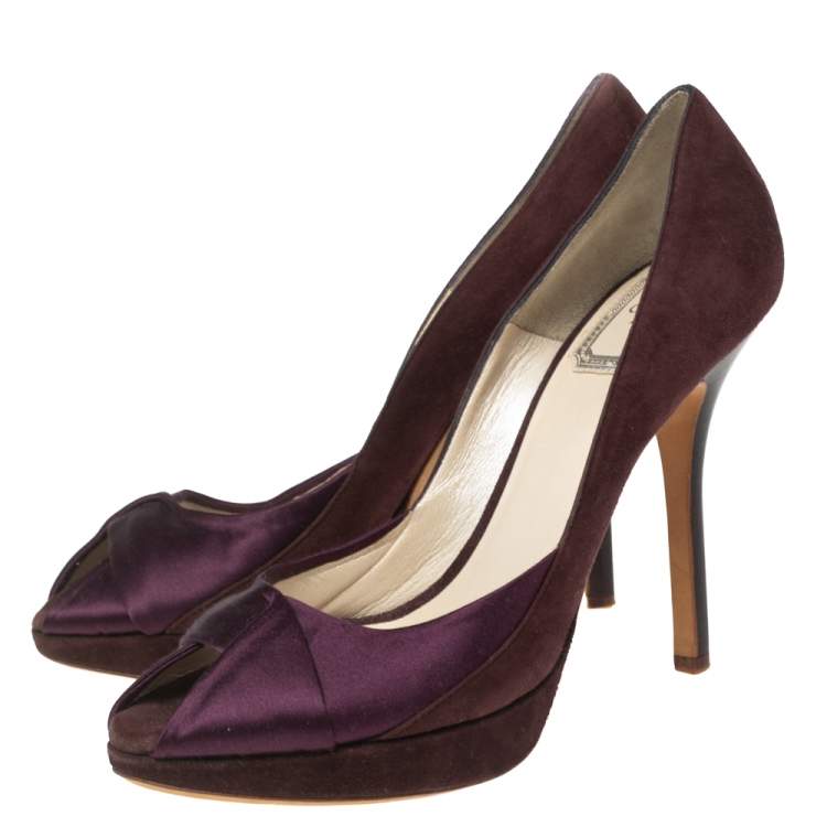 Pre Owned Dior Plum/Purple Suede and Satin Peep-Toe Pumps Size 36