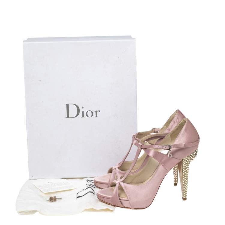 Pre Owned Dior Pink Satin Buckle Crystal Embellished  Sandals Size 37