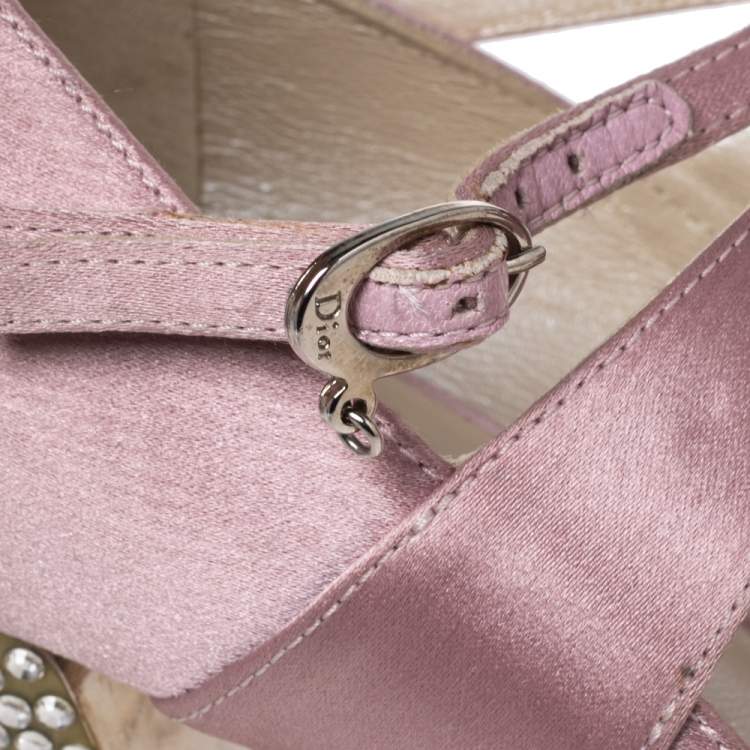 Pre Owned Dior Pink Satin Buckle Crystal Embellished  Sandals Size 37