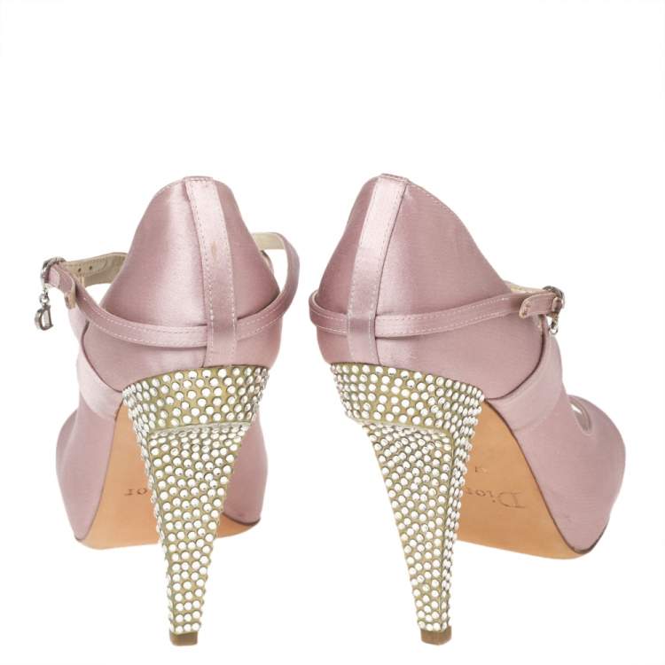 Pre Owned Dior Pink Satin Buckle Crystal Embellished  Sandals Size 37