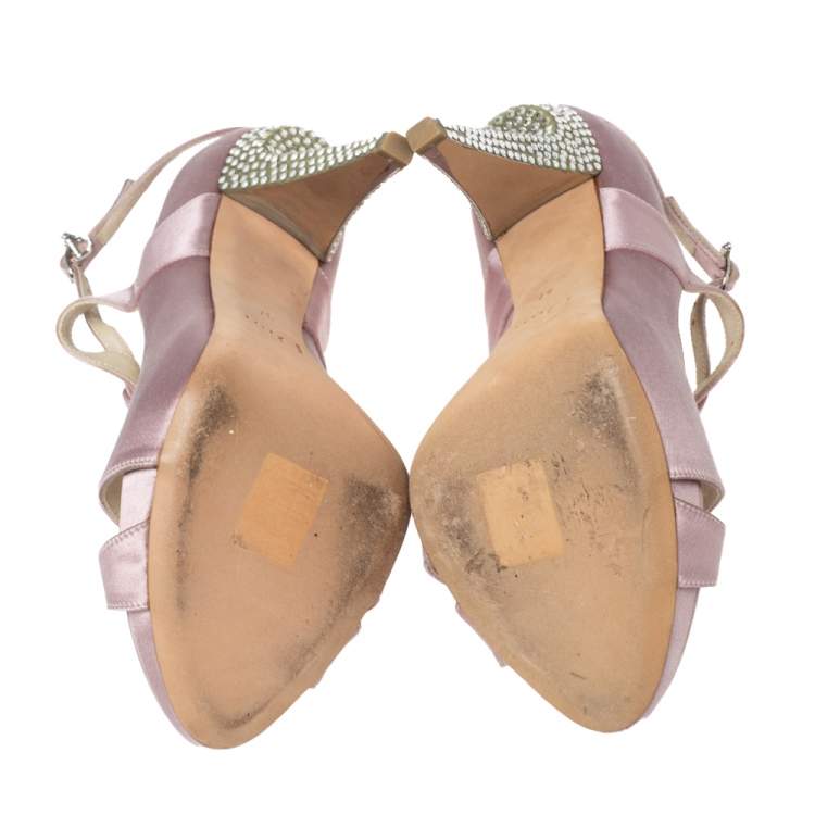 Pre Owned Dior Pink Satin Buckle Crystal Embellished  Sandals Size 37