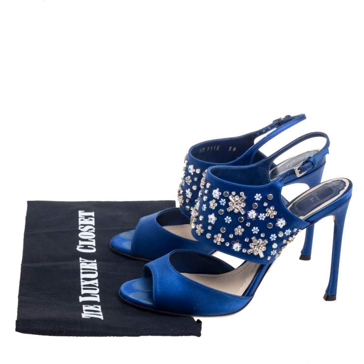 Pre Owned Dior Blue Satin Embellished Slingback Sandals Size 38